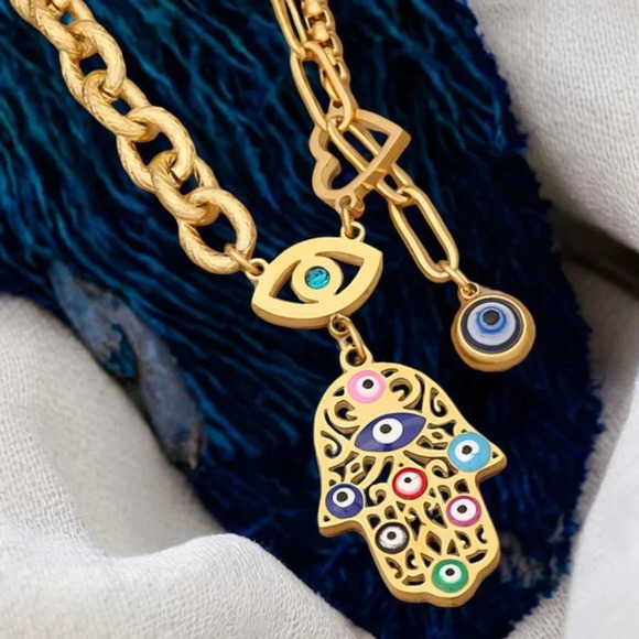 18K Gold Plated Evil Eye Hamsa Hand Necklace Layered Statement Charm - Picture 7 of 11
